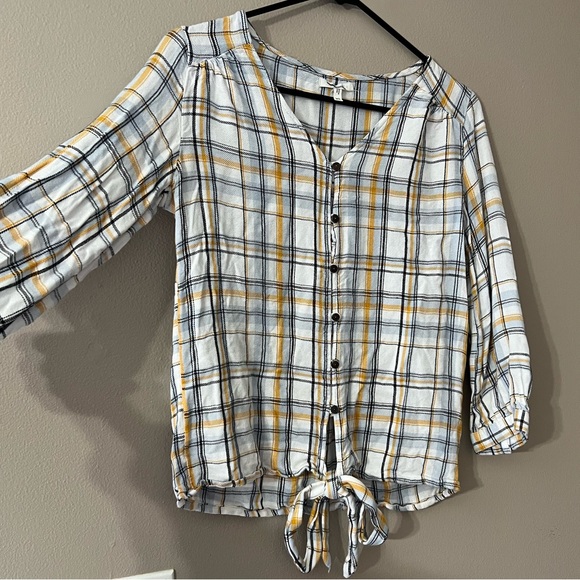 Maurices Women Long Sleeve Top White Yellow Plaid Tie Front Button Up - XS - Picture 1 of 15